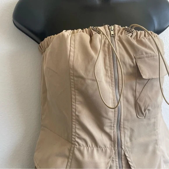NWT PrettyLittleThing Strapless Cargo Midi Dress W-8 Tan Zip Front Utility - Picture 4 of 10